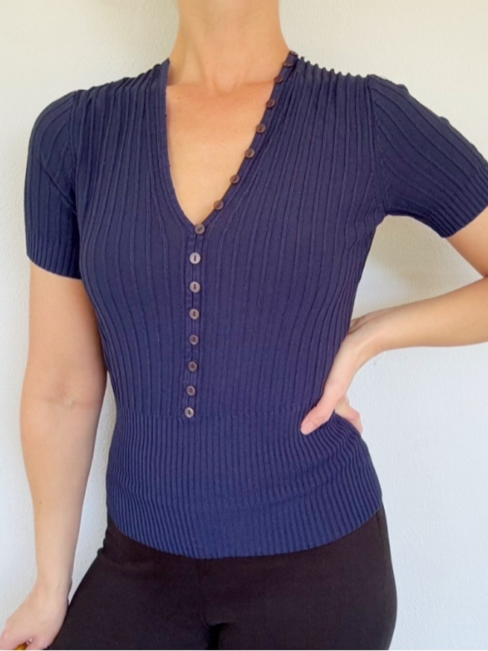 Vintage Liz Claiborne navy blue ribbed knit button neckline sweater top medium